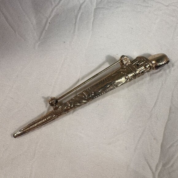 Antique Gold-Tone Jeweled knights sword Thistle Pin Brooch Red Glass Gemstone - Picture 4 of 8